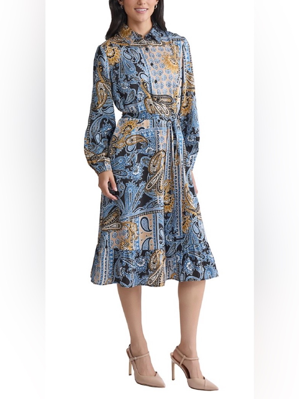 JONES NEW YORK Women’s Long Sleeve Printed Chiffon A-Line Dress. Blue Lagoon. ♥️ - Picture 2 of 6